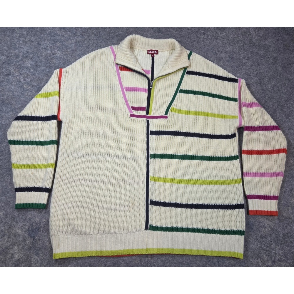 STAUD Striped Quarter Zip Sweater Cream Multi Color Oversized Pullover Medium